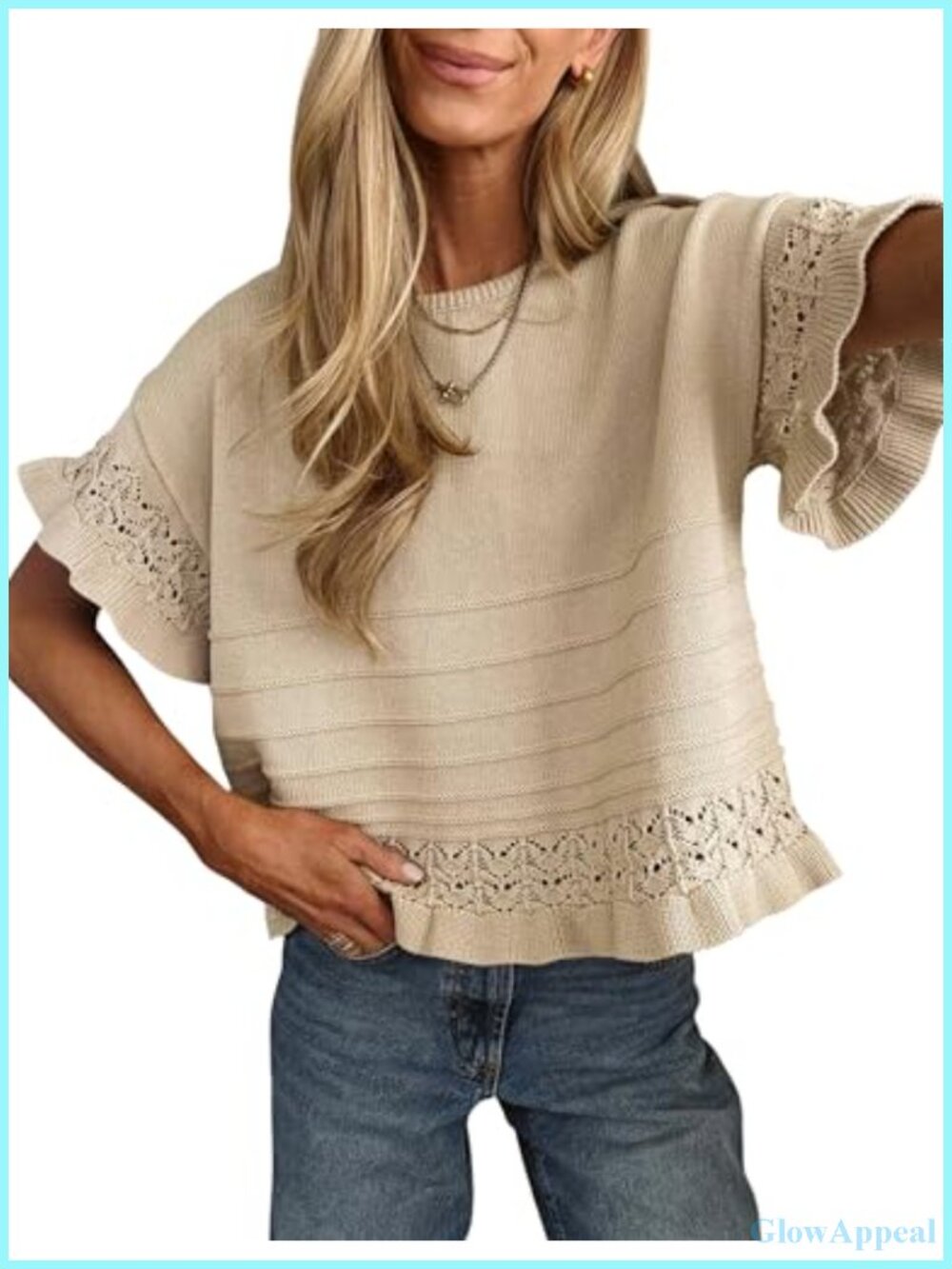 Womens Short Sleeve Knit Crochet Pullover Sweater Ruffle Hem Crew Neck